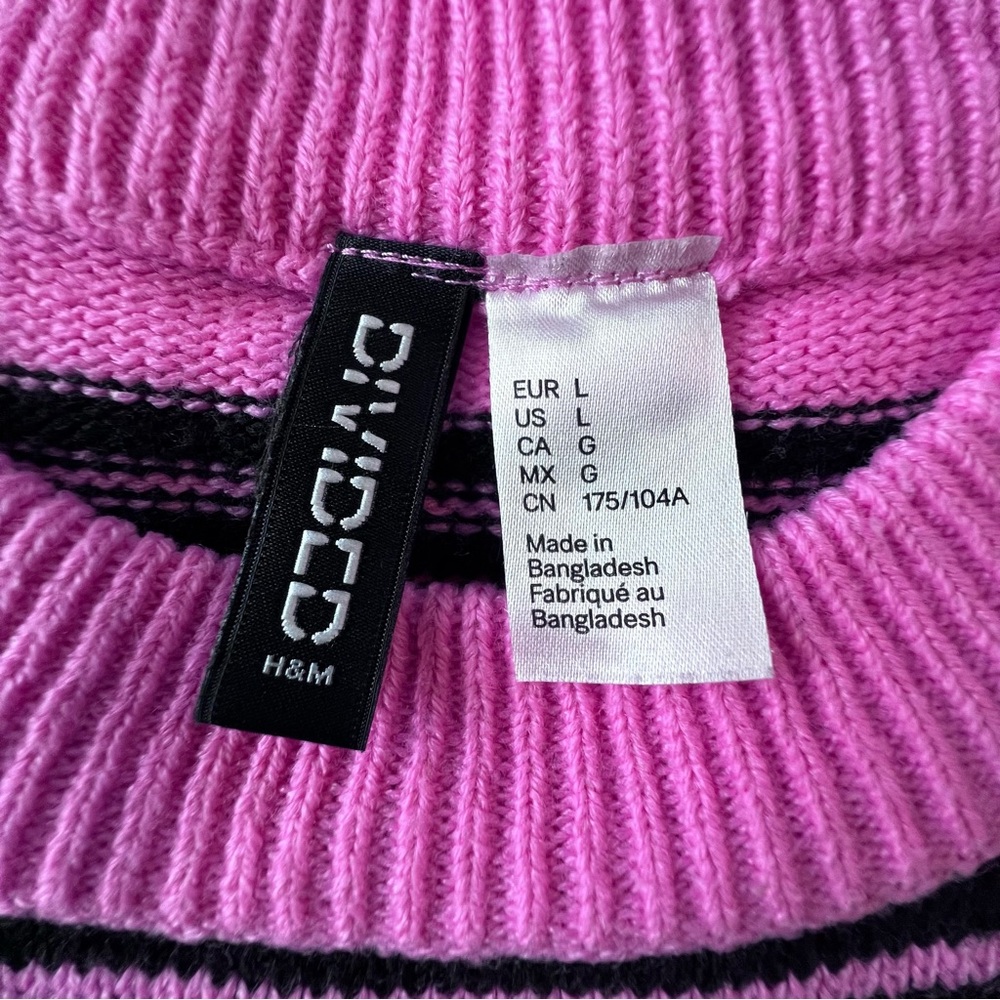 H&M Divided Pink Red and Black Knit Striped Sweater Balloon Sleeves Women’s L - Picture 9 of 10